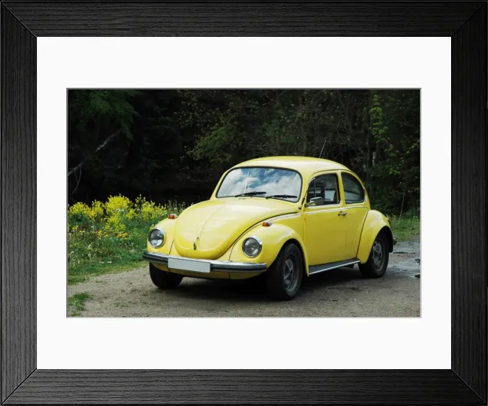 Framed Print : yellow old VW Beetle 1302 on sandy ground Framed Print : yellow old VW Beetle 1302 on sandy ground