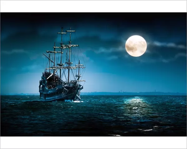 Sailing ship on the high seas in the night. Flying Dutchman by the Moon light