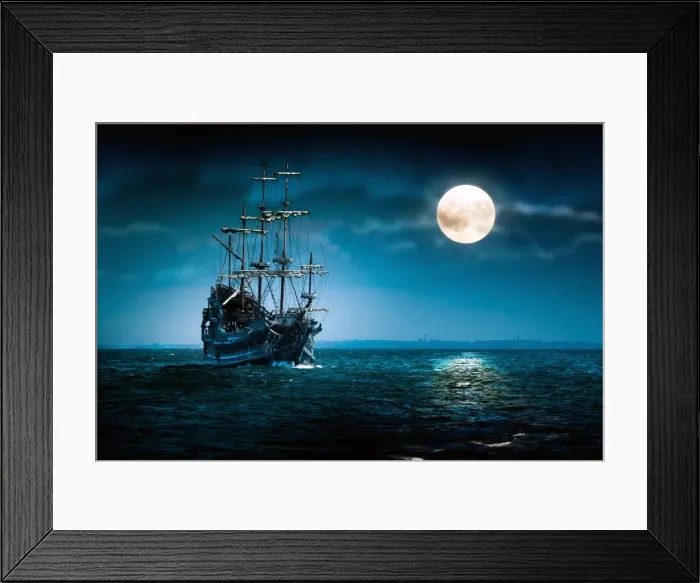 Framed Print : Sailing ship on the high seas in the night. Flying Dutchman by the Moon light Framed Print : Sailing ship on the high seas in the night. Flying Dutchman by the Moon light