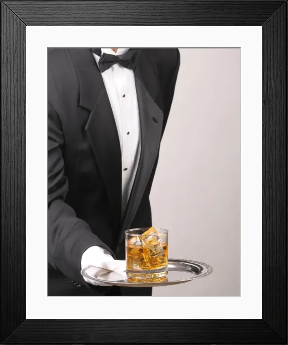 Framed Print : Butler holding Cocktail on tray