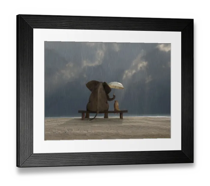 Framed Print : elephant and dog sit under the rain Framed Print : elephant and dog sit under the rain