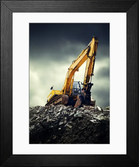 Framed Print : Excavator. EXcavator machine on construction site during earth moving works Framed Print : Excavator. EXcavator machine on construction site during earth moving works