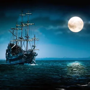 Sailing ship on the high seas in the night. Flying Dutchman by the Moon light Sailing ship on the high seas in the night. Flying Dutchman by the Moon light