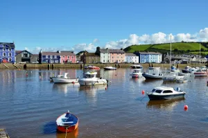 Boats moored in Aberaeron harbour, Wales