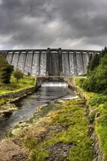 Fotolia Collection: Claerwen Dam, Elan Valley, overflowing after heavy rainfall
