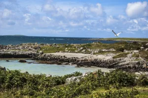 Turquoise beach and green field in Connemara