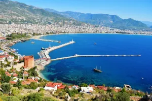 View of Alanya harbor from Alanya peninsula. Turkish Riviera